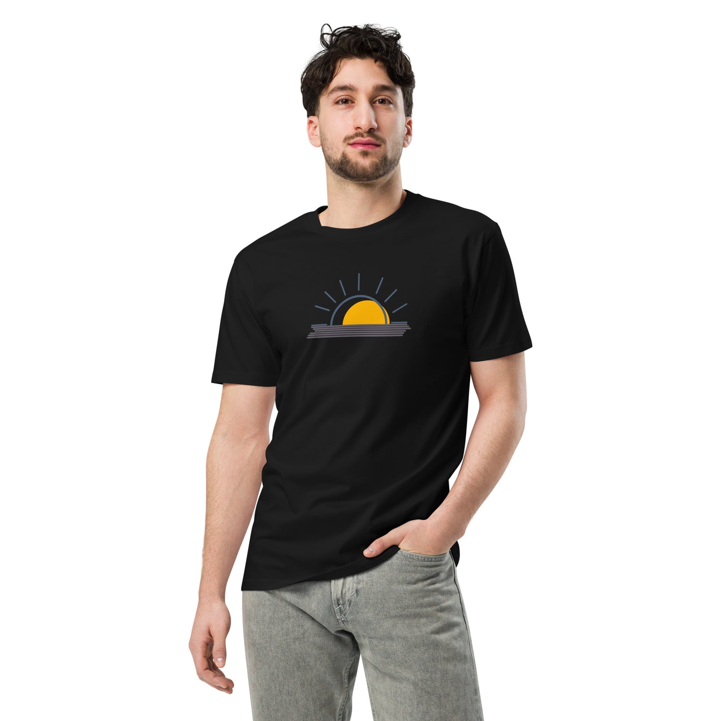 Men wearing a black-colored premium tee with a minimalist sunrise graphic.