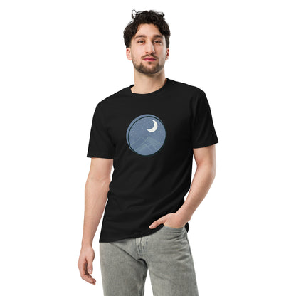 Men’s premium black tee with moon and mountain design.