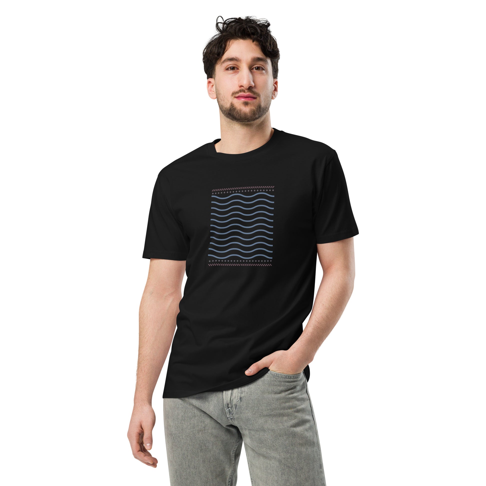 Men wearing a black-colored premium tee with a wave pattern design.