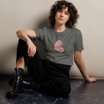  Women's Premium Charcoal Tee featuring a botanical heart design, showcasing a muted and delicate illustration of a heart with botanical elements on a grey tee, perfect for subtle self-expression.