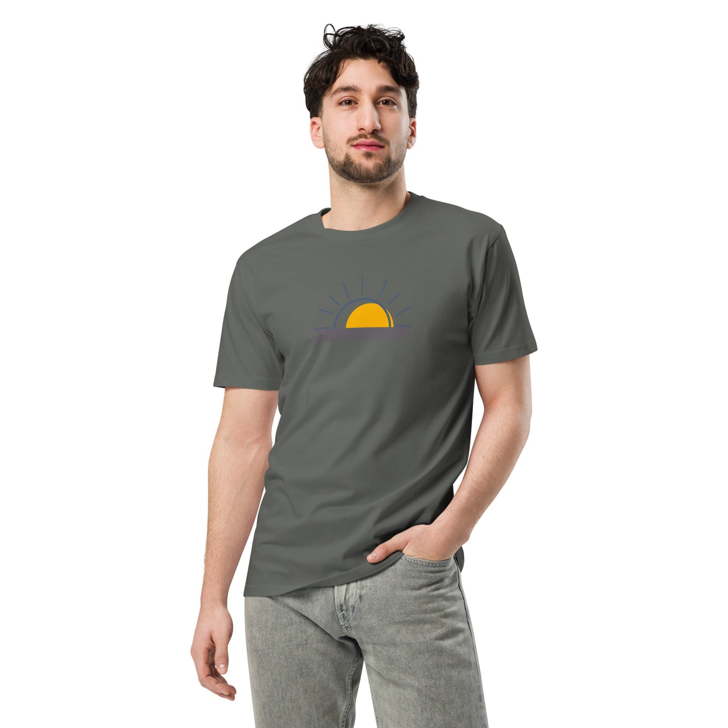 Men wearing a charcoal-colored premium tee with a minimalist sunrise graphic.