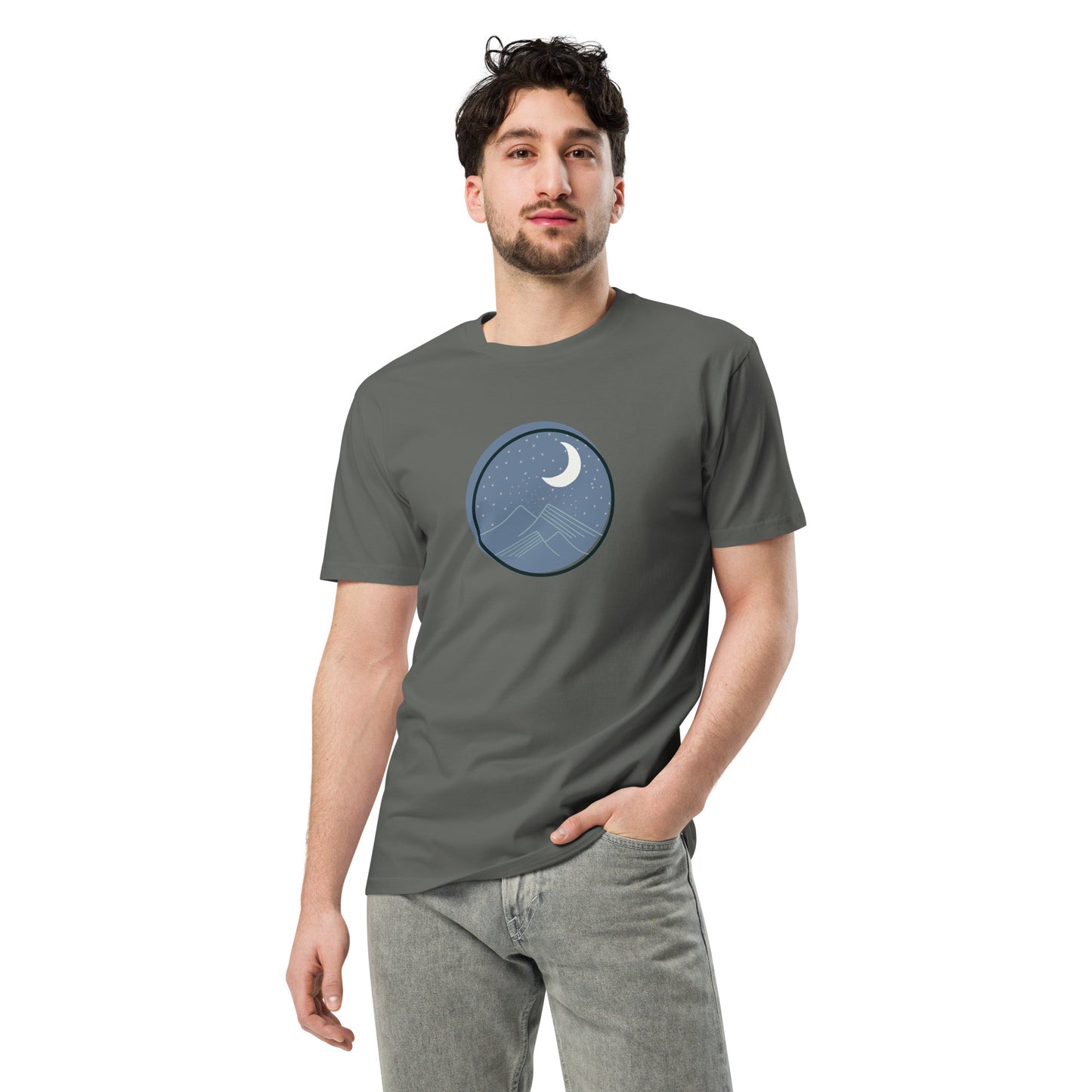 Men’s premium charcoal tee with moon and mountain design.