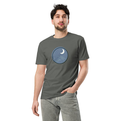 Men’s premium charcoal tee with moon and mountain design.