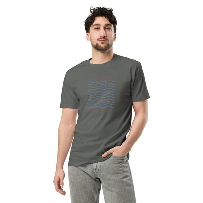 Men wearing a charcoal-colored premium tee with a wave pattern design.