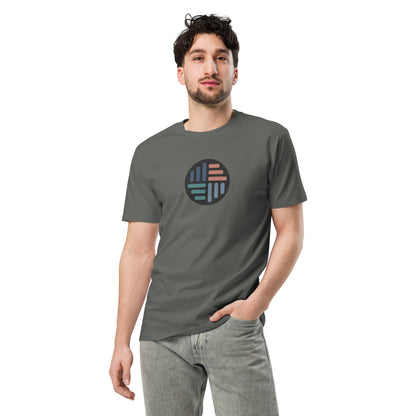 Men wearing a charcoal-colored premium tee with a circular geometric design.