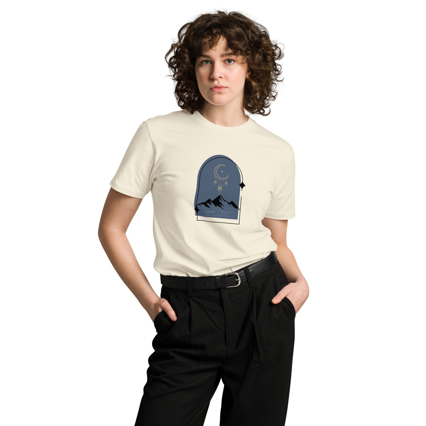 Women's Premium Natural Tee featuring a celestial mountain night design, with muted tones and a dreamy illustration of mountains and a night sky, perfect for subtle self-expression.