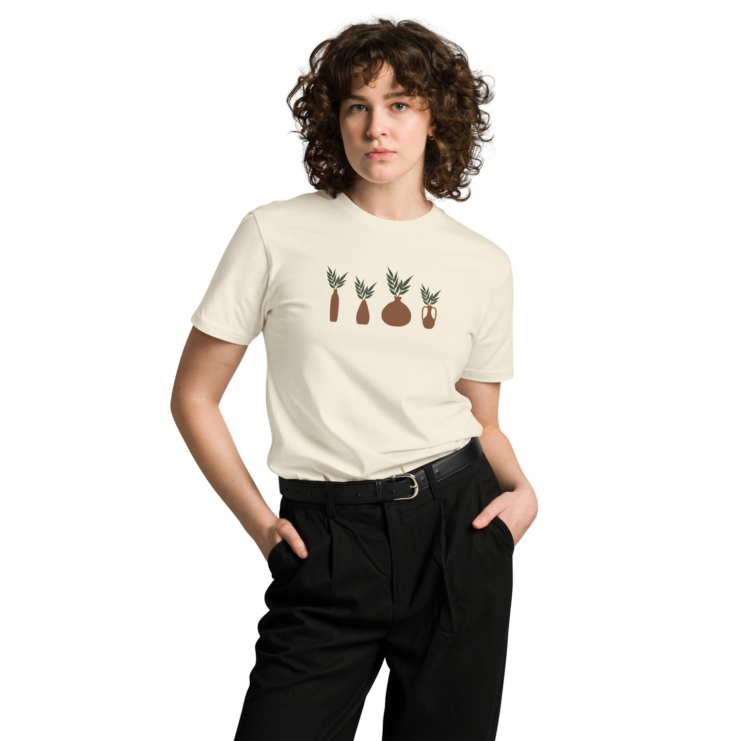 Women's Premium Natural Tee with colorful potted plants design, featuring various botanical illustrations on a black tee, perfect for subtle nature-inspired self-expression.