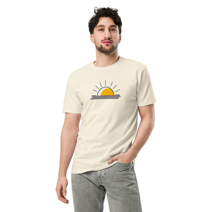 Men wearing a natural-colored premium tee with a minimalist sunrise graphic.