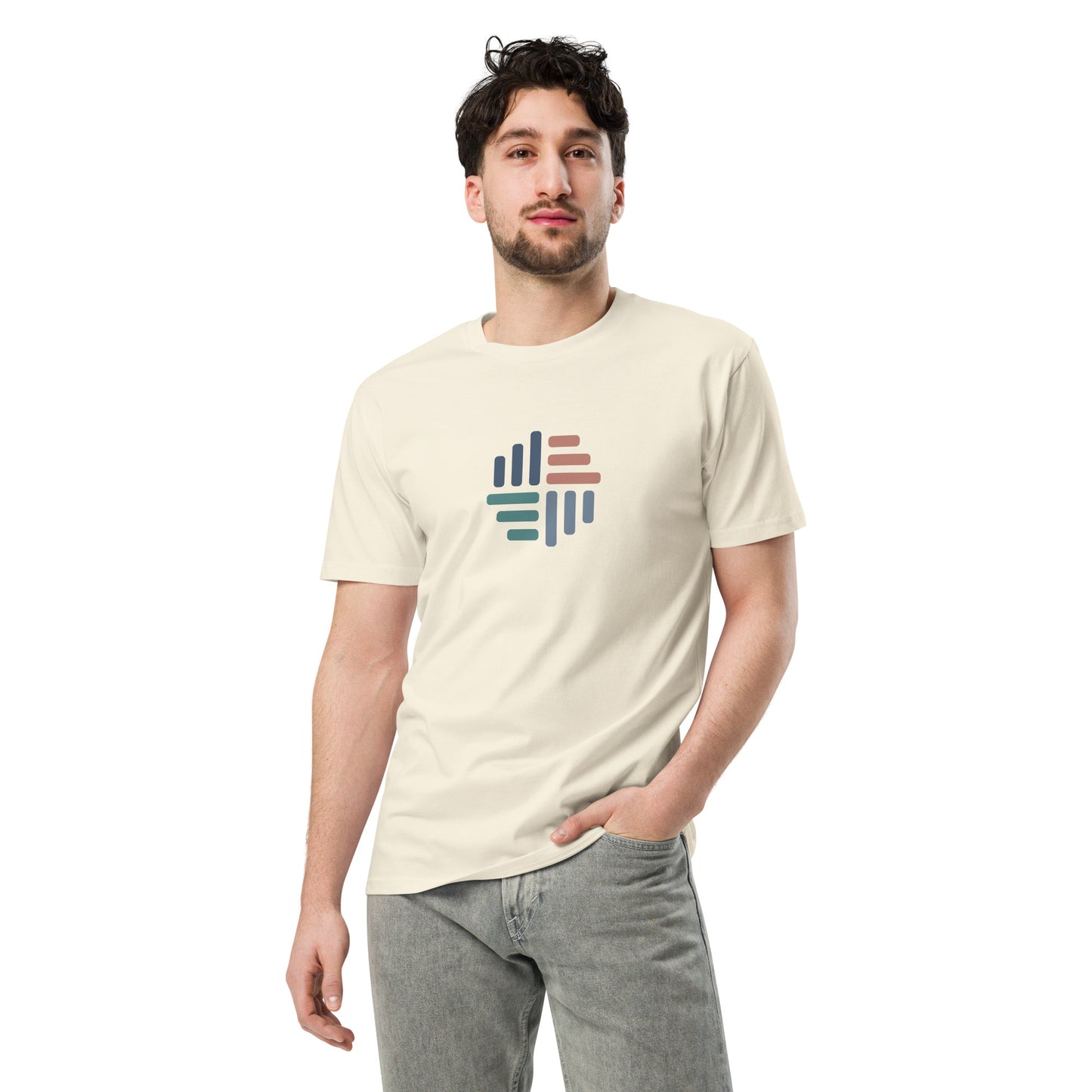 Men wearing a natural-colored premium tee with a modern geometric design.