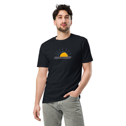 Men wearing a navy-colored premium tee with a minimalist sunrise graphic.