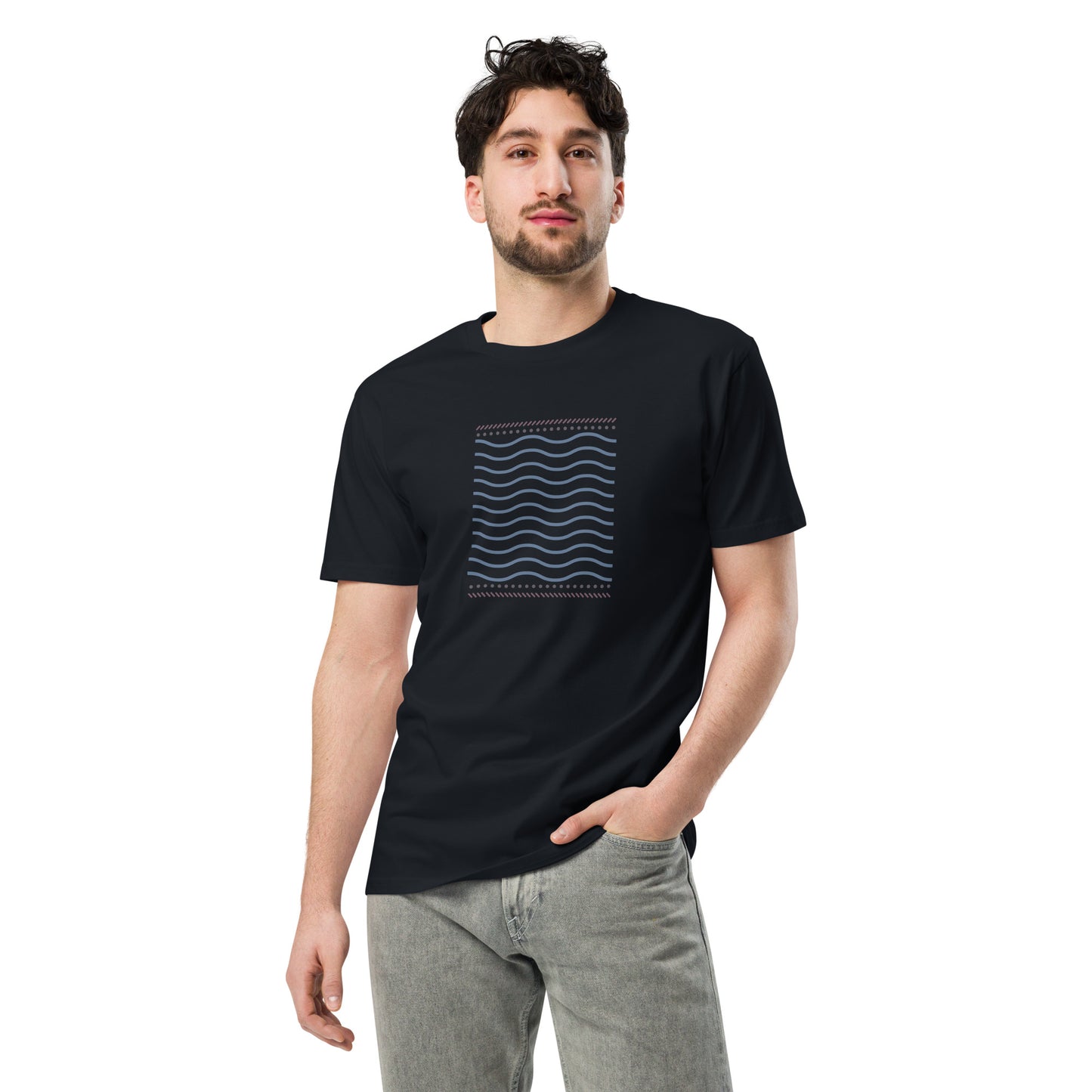 Men wearing a navy-colored premium tee with a wave pattern design.