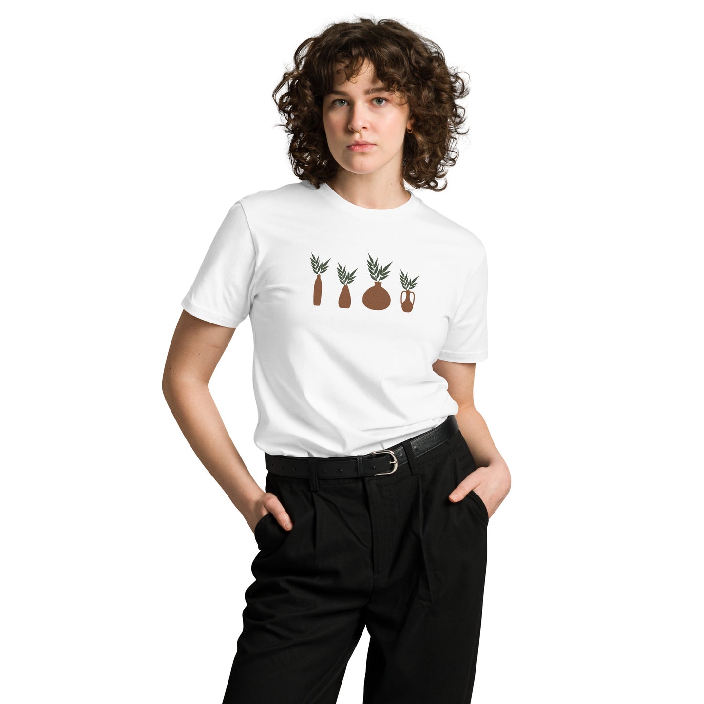 Women's Premium White Tee with colorful potted plants design, featuring various botanical illustrations on a black tee, perfect for subtle nature-inspired self-expression.