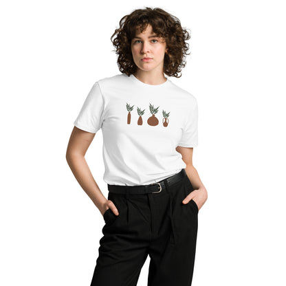 Women's Premium White Tee with colorful potted plants design, featuring various botanical illustrations on a black tee, perfect for subtle nature-inspired self-expression.