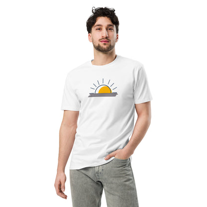 Men wearing a white-colored premium tee with a minimalist sunrise graphic.