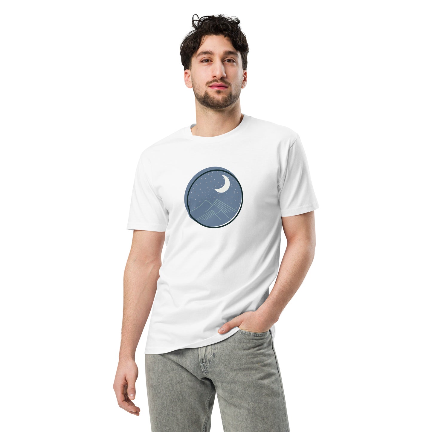 Men’s premium white tee with moon and mountain design.