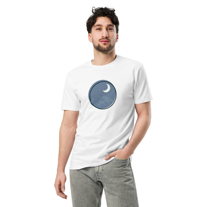 Men’s premium white tee with moon and mountain design.