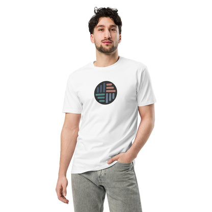 Men wearing a white-colored premium tee with a circular geometric design.