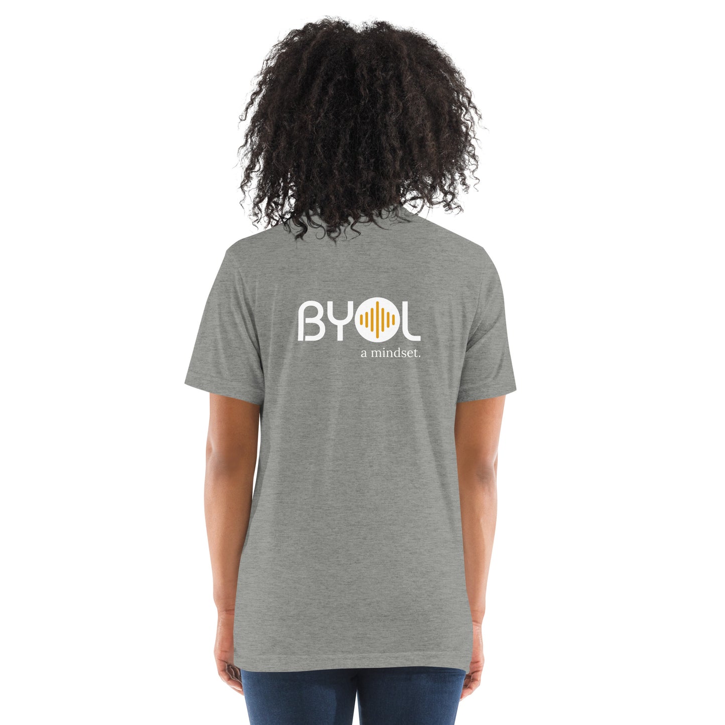 Back view of a woman wearing a gray BYOL mindset t-shirt with color options in black, red, pink, gray, and yellow, available in sizes S to 3XL.