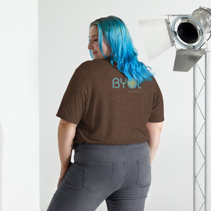 Back view of a woman wearing a brown tri-blend BYOL mindset t-shirt with color options in black, red, pink, gray, and yellow, available in sizes S to 3XL.