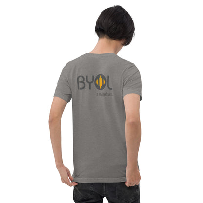 A young man with short black hair wearing a grey tri-blend "BYOL: a mindset" T-shirt, viewed from the back. The T-shirt features the "BYOL" logo in black and yellow on the back and is available in multiple colors (black, red, gray, pink, gold, plus more) and sizes (S-3XL). The "be you out loud" logo is displayed at the top.