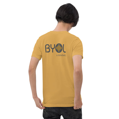 A young man with short black hair wearing a mustard tri-blend "BYOL: a mindset" T-shirt, viewed from the back. The T-shirt features the "BYOL" logo in black and yellow on the back and is available in multiple colors (black, red, gray, pink, gold, plus more) and sizes (S-3XL). The "be you out loud" logo is displayed at the top.