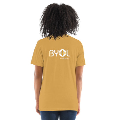 Back view of a woman wearing a mustard triblend BYOL mindset t-shirt with color options in black, red, pink, gray, and yellow, available in sizes S to 3XL.