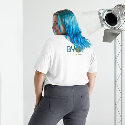 Back view of a woman wearing a solid white BYOL mindset t-shirt with color options in black, red, pink, gray, and yellow, available in sizes S to 3XL.