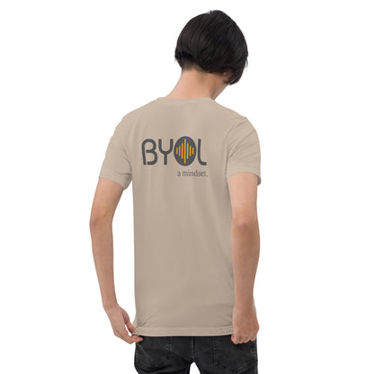 A young man with short black hair wearing a sand tri-blend "BYOL: a mindset" T-shirt, viewed from the back. The T-shirt features the "BYOL" logo in black and yellow on the back and is available in multiple colors (black, red, gray, pink, gold, plus more) and sizes (S-3XL). The "be you out loud" logo is displayed at the top.