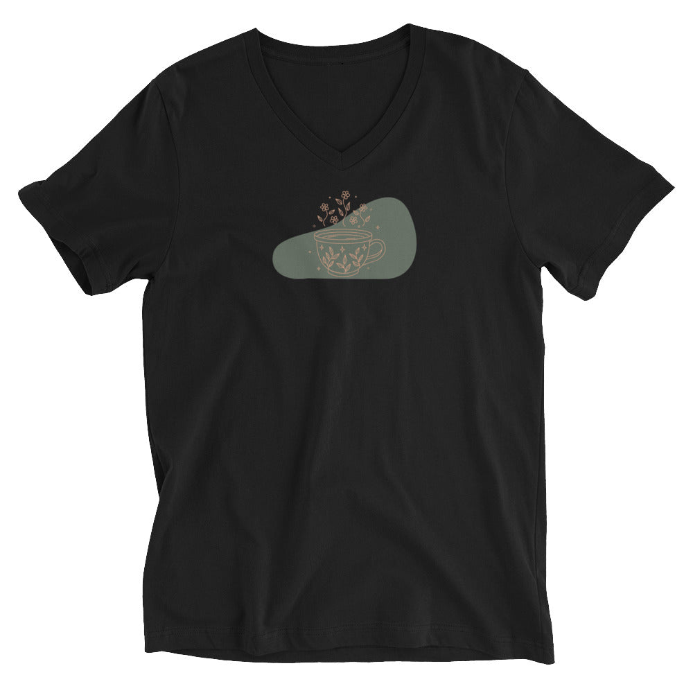 Black V-neck tee with a cozy coffee cup design, showcasing subtle style and love for coffee.