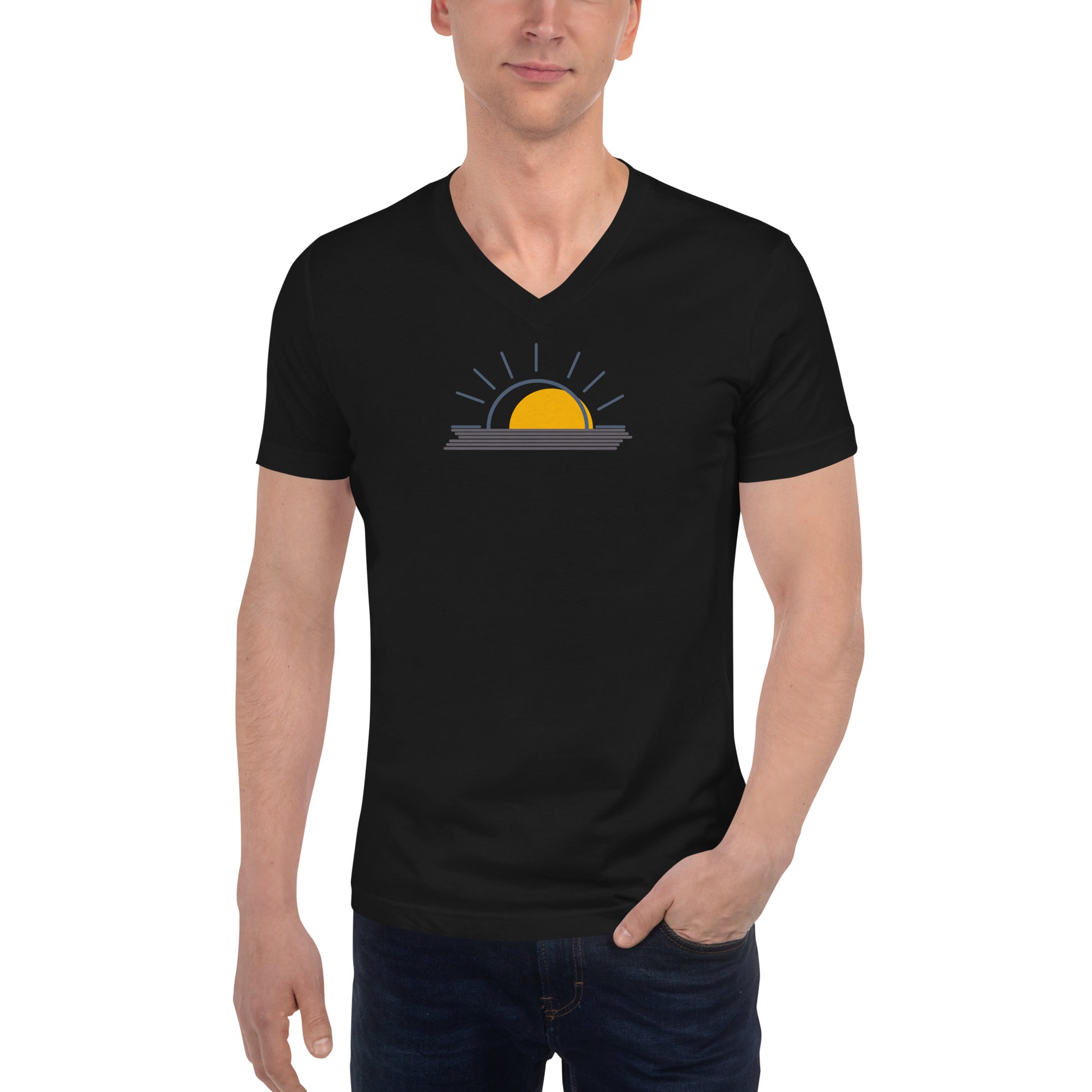 Man wearing a black V-neck tee with a minimalist sunrise graphic.