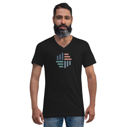 Man wearing a black V-neck tee with a modern geometric design.