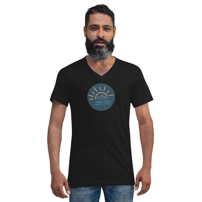 Man wearing a black V-neck tee with a night sky graphic.