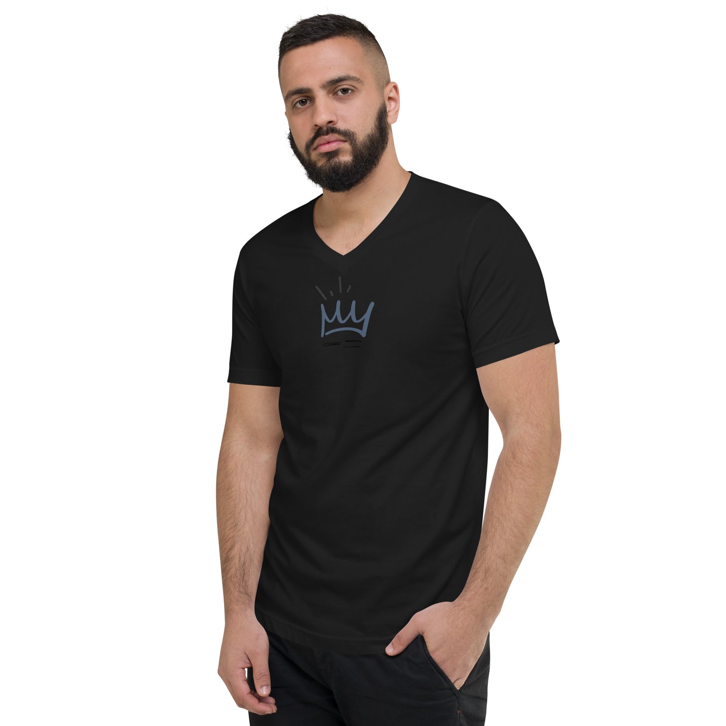 Man wearing a black V-neck tee with a crown graphic.