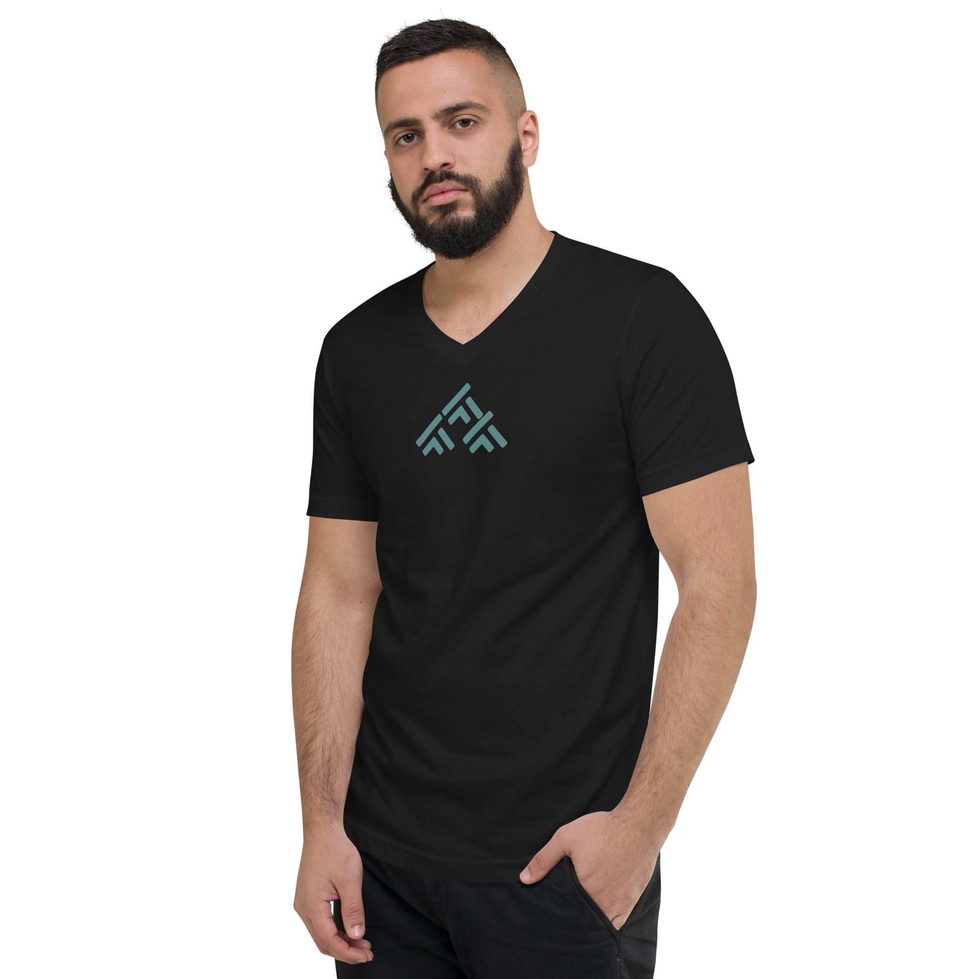 Man wearing a black V-neck tee with an abstract triangle design, available in sizes S to 2XL and multiple colors.