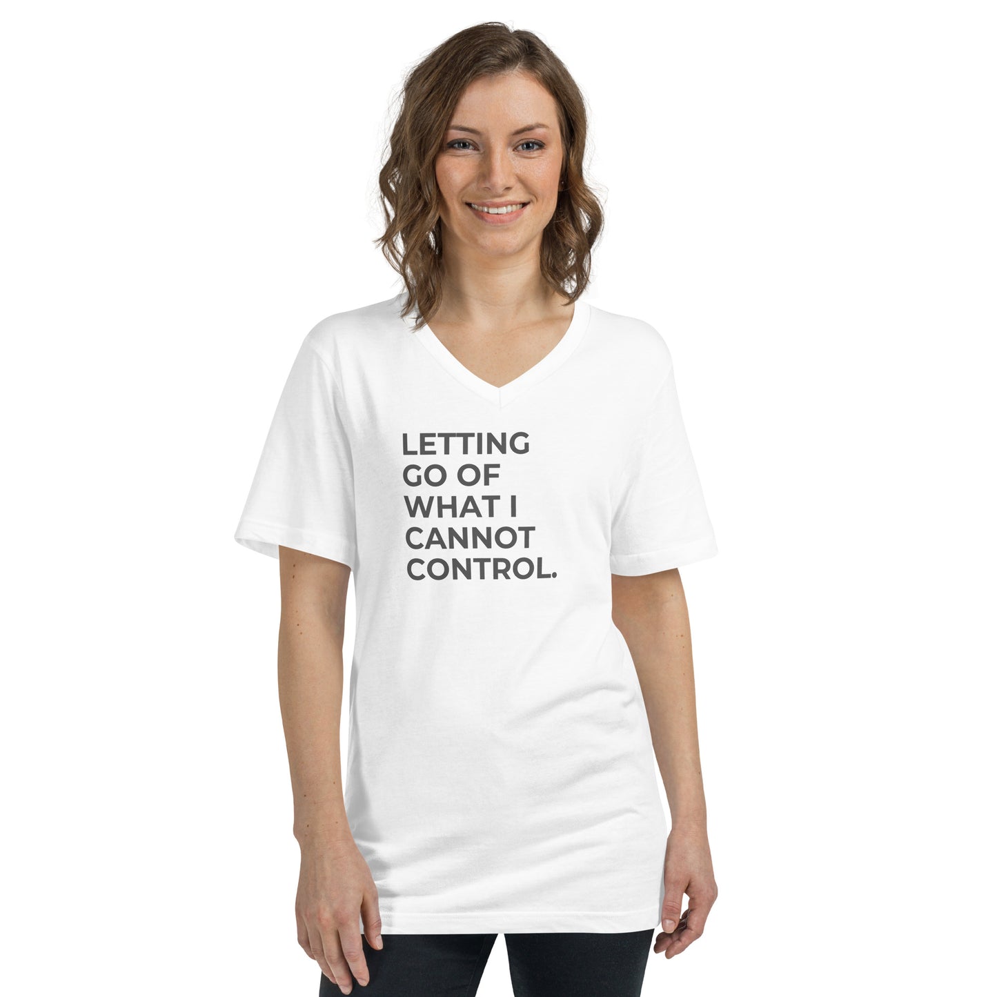 Woman wearing a white V-neck tee with "Letting Go of What I Cannot Control" text.