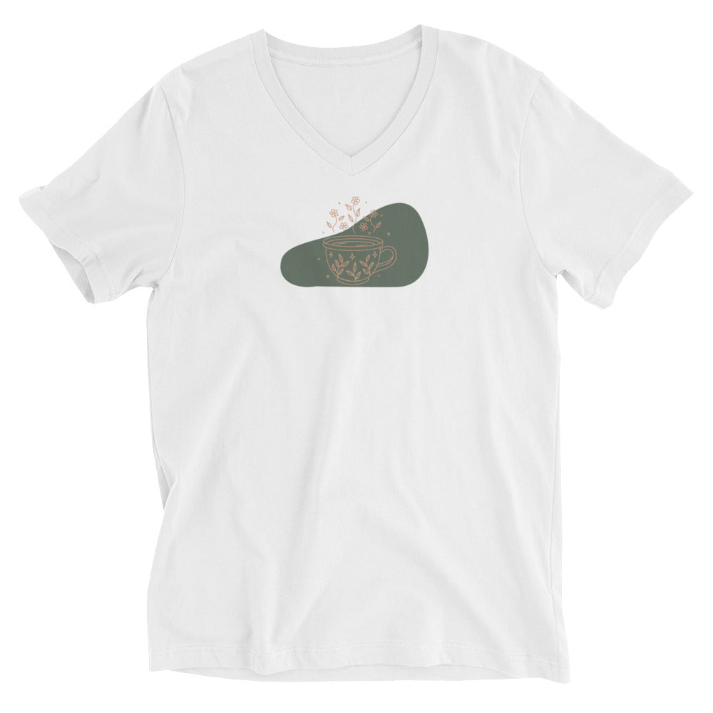 White V-neck tee with a cozy coffee cup design, showcasing subtle style and love for coffee.