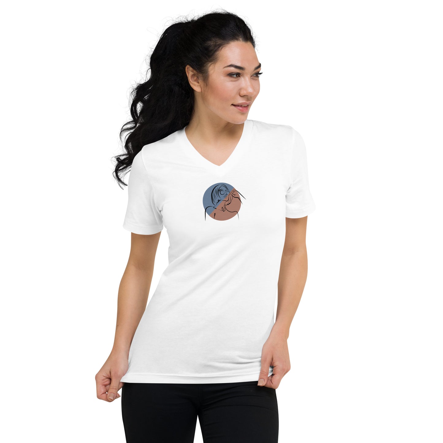 Woman wearing a whte V-neck tee with a minimalist silhouette design, embodying subtle style and authenticity.