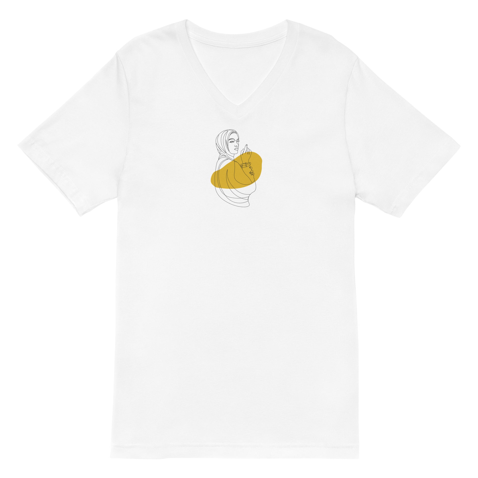 White V-neck tee with a line art and gold design, representing subtle sophistication and elegance.