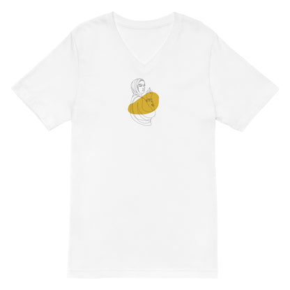 White V-neck tee with a line art and gold design, representing subtle sophistication and elegance.