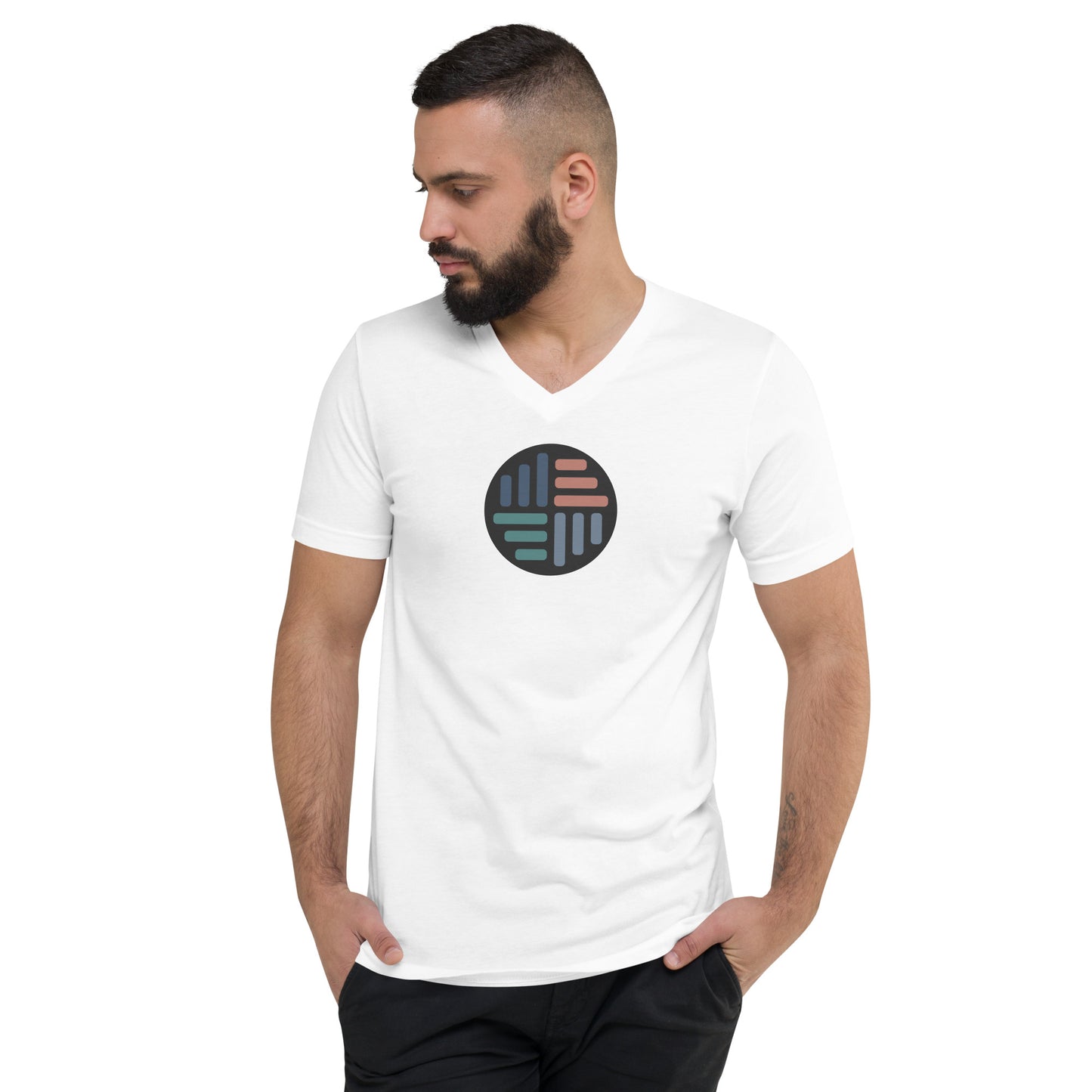 Man wearing a white V-neck tee with a circular geometric design.