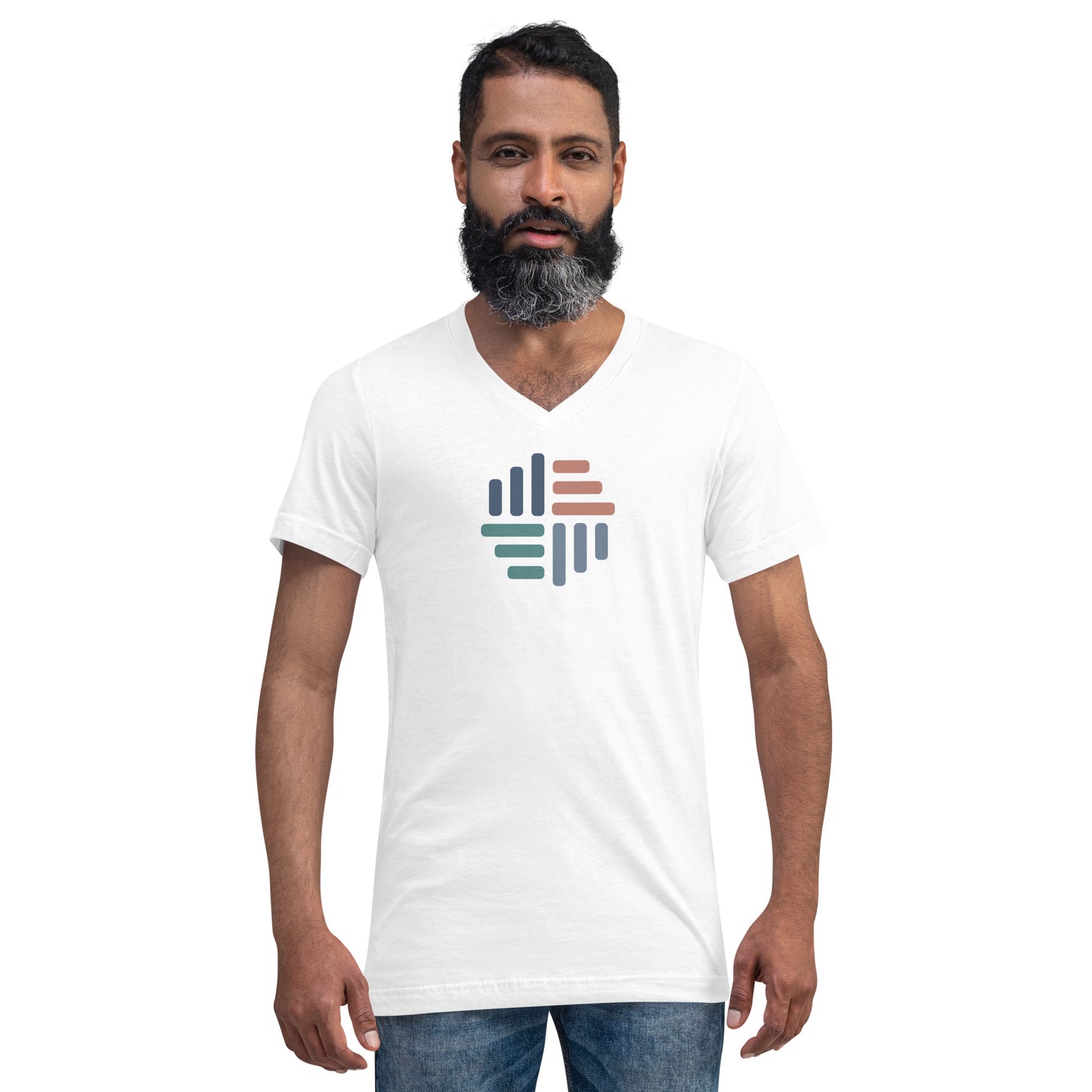 Man wearing a white V-neck tee with a modern geometric design, available in sizes S to 2XL and multiple colors.