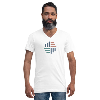 Man wearing a white V-neck tee with a modern geometric design, available in sizes S to 2XL and multiple colors.