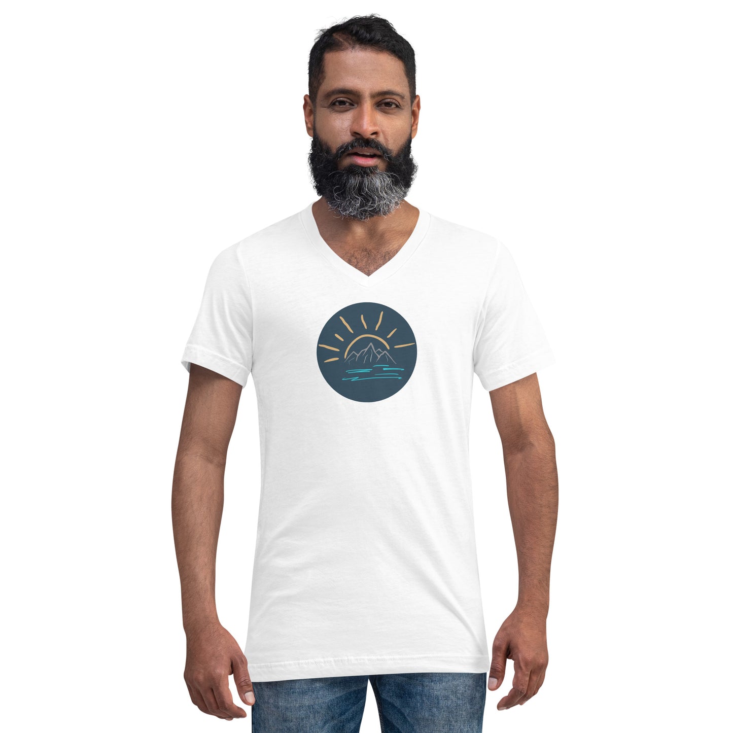 Man wearing a white V-neck tee with a night sky graphic.