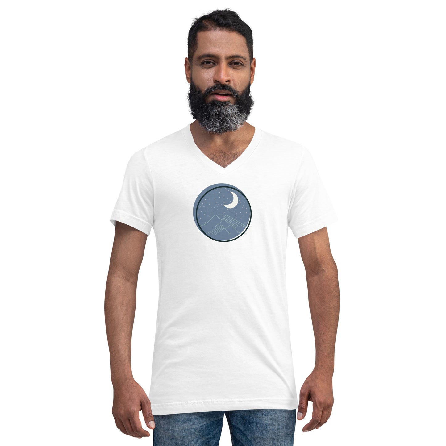 Man wearing a white V-neck tee with a night sky graphic.