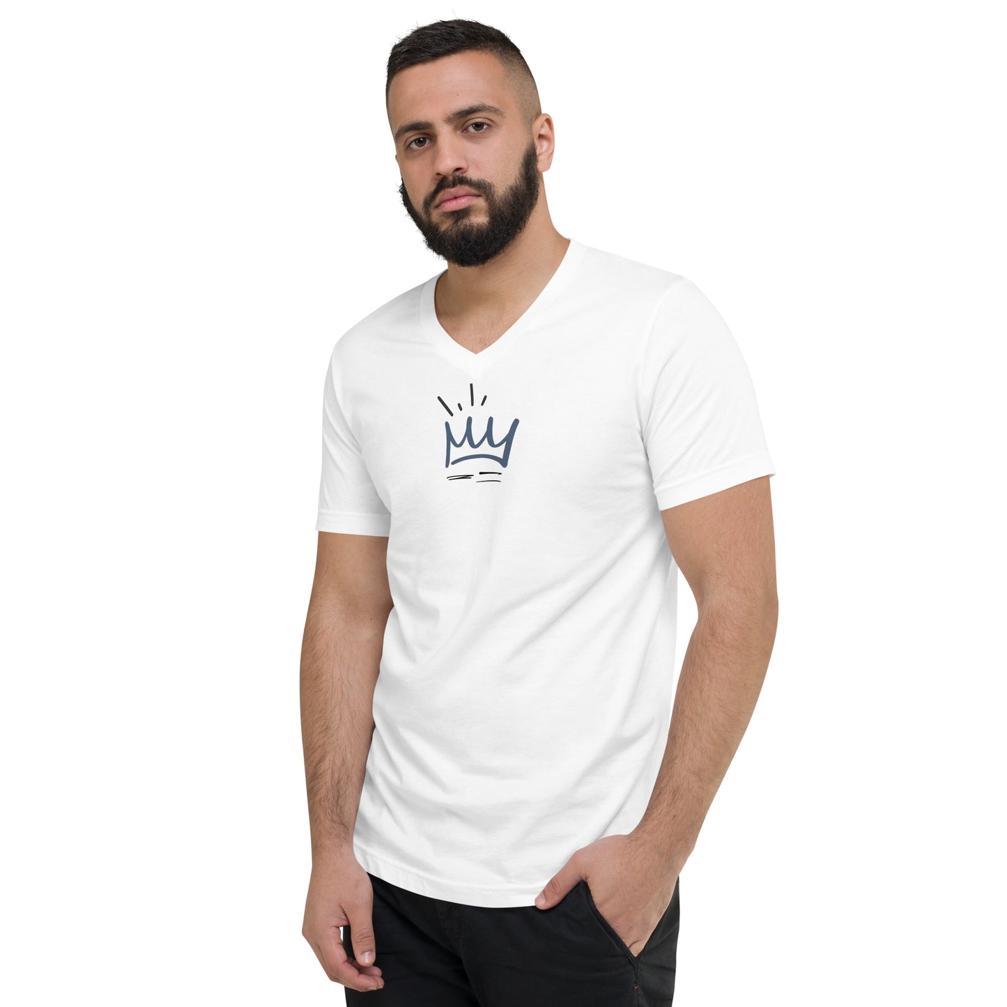 Man wearing a white V-neck tee with a crown graphic.