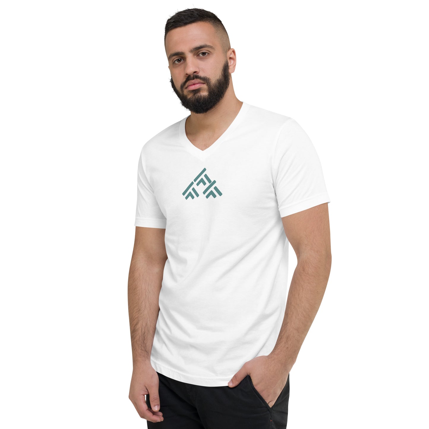 Man wearing a white V-neck tee with an abstract triangle design.