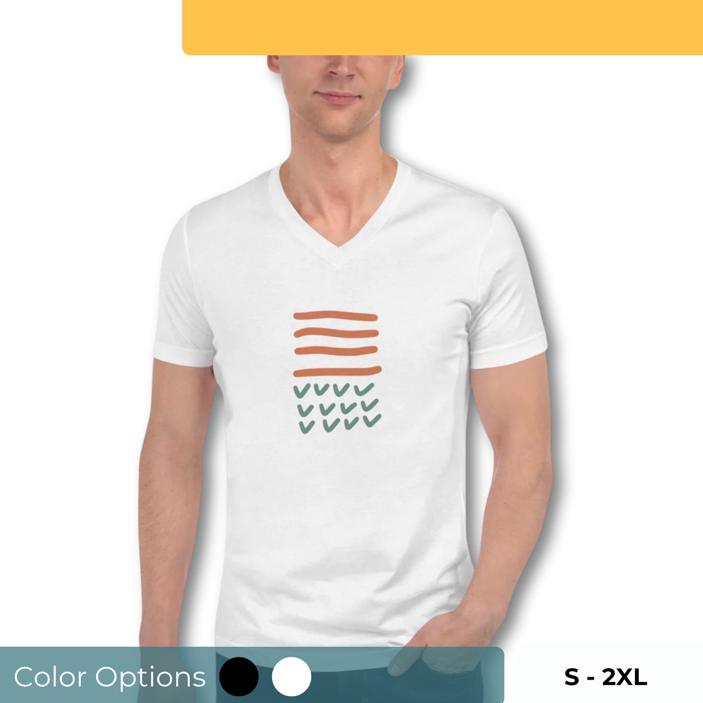 Man wearing a white V-neck tee with an abstract checkmarks graphic, available in sizes S to 2XL and multiple colors.