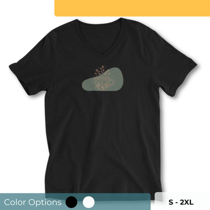 Black V-neck tee with a cozy coffee cup design, showcasing subtle style and love for coffee.