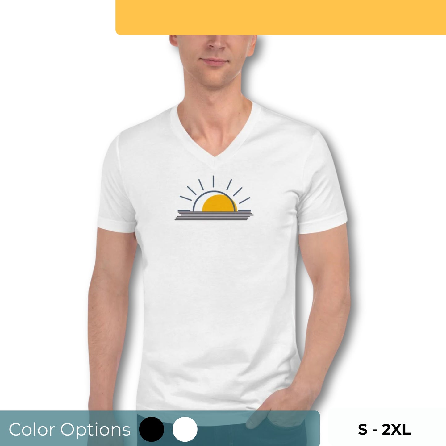 Man wearing a white V-neck tee with a minimalist sunrise graphic