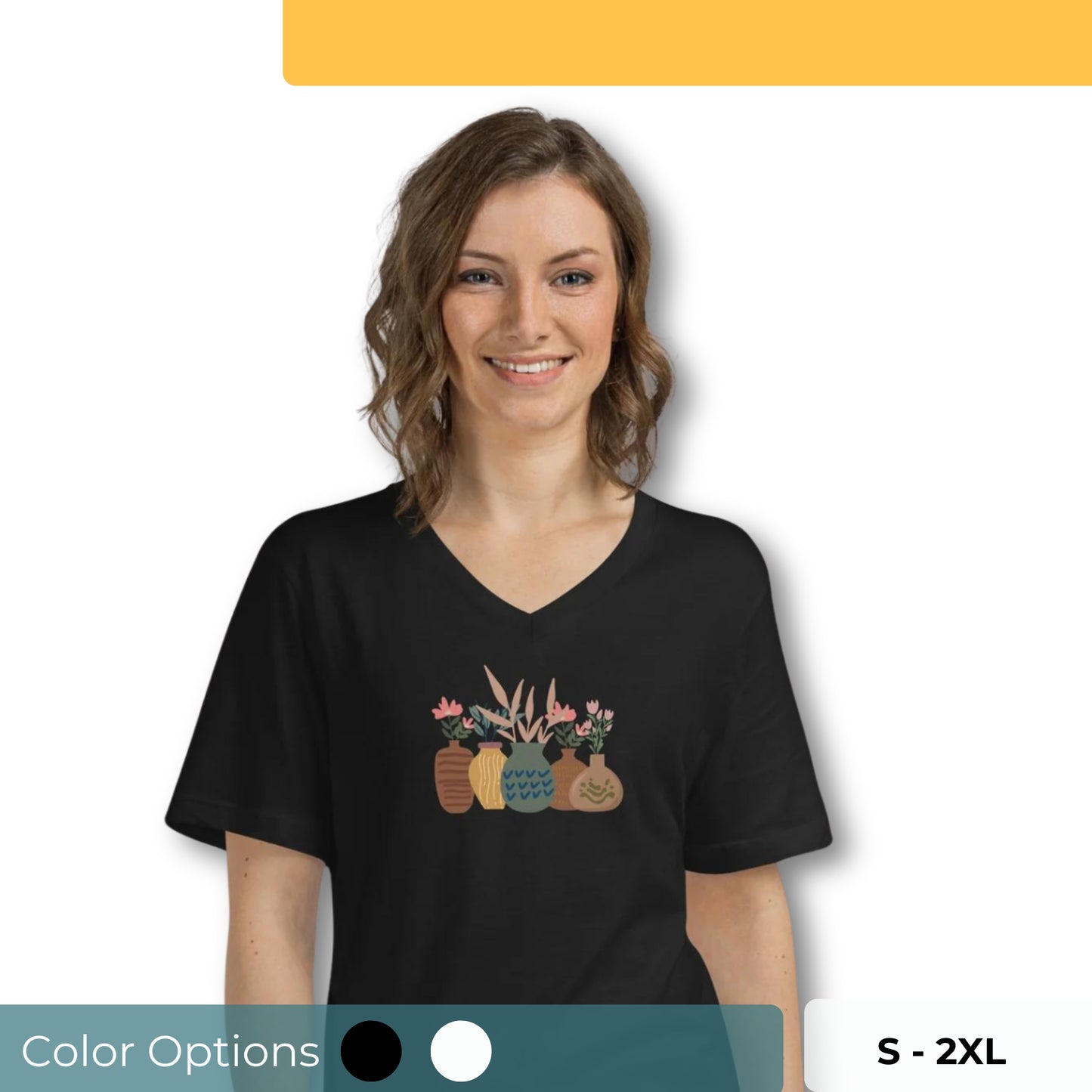 Black V-neck tee with a potted plants design, highlighting love for greenery and subtle style.